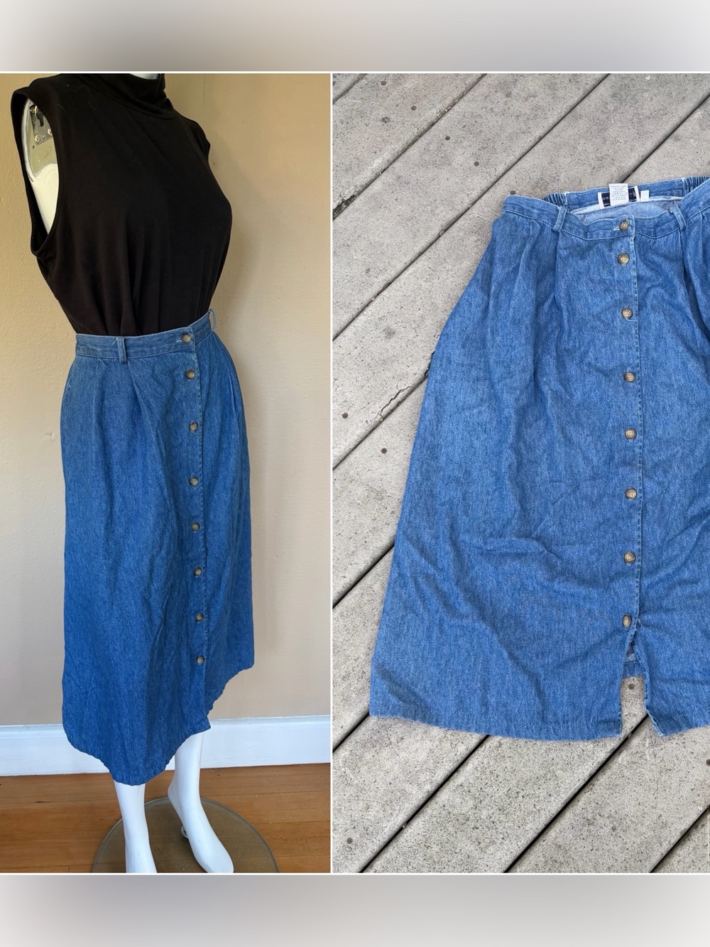 Vintage Denim Button Up Midi Skirt | Y2K Blue Jean A-Line Skirt